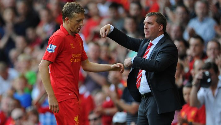 Lucas Leiva og Brendan Rodgers á tíma þeirra saman hjá Liverpool.