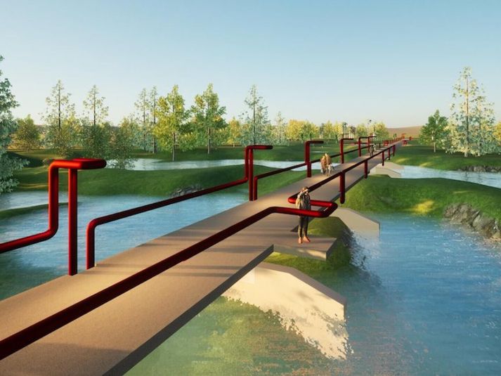 Göngustígurinn verður með rauðum rörum sem eiga að minna á hitaveituna.