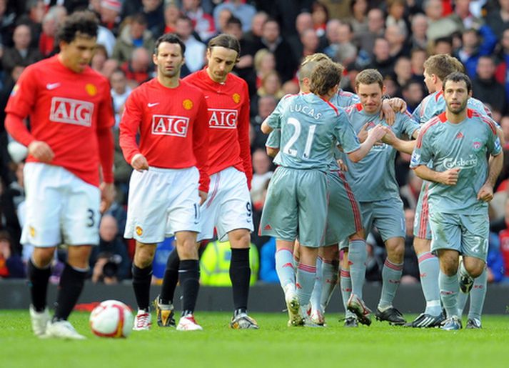 Liverpool skoraði fjórum sinnum á Old Trafford í gær.