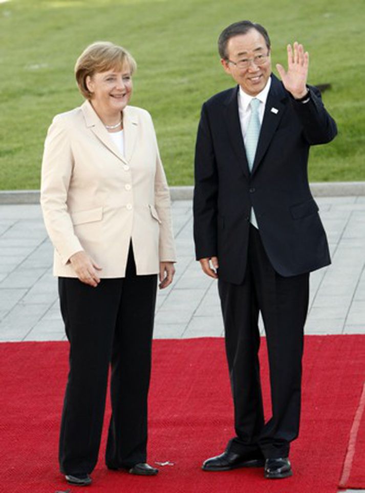 Ban Ki Moon, framkvæmdastjóri SÞ ásamt Merkel, kanslara Þýskalands