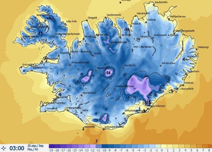 Hitaspá Veðurstofu Íslands fyrir næstu nótt sýnir ansi mikinn kulda víða um land.