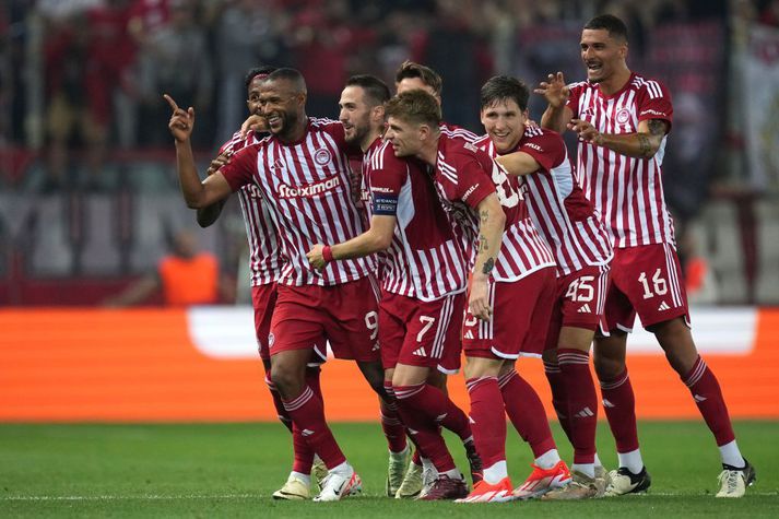 Ayoub El Kaabi skoraði bæði mörk Olympiacos í kvöld og fimm af sex mörkum liðsins alls í viðureigninni