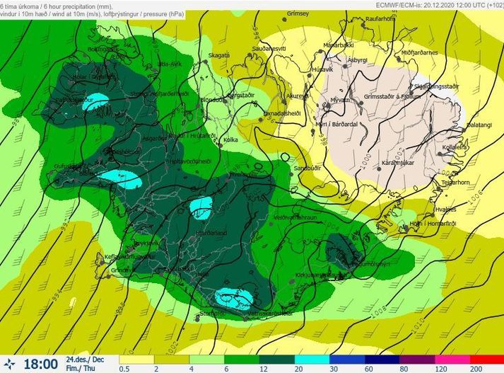 Úrkomuspá Veðurstofunnar klukkan sex á aðfangadag. Það er spáð rigningu, ekki snjókomu, svo rauð jól eru mun líklegri en hvít þetta árið.