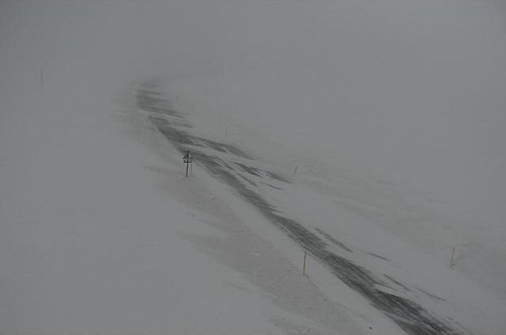 Hér má sjá útsýni vefmyndavélari Vegagerðarinnar til vesturs á Öxnadalsheiði klukkan hálf tólf í dag.