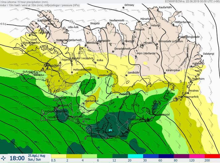 Úrkomuspákort Veðurstofunnar fyrir klukkan 18 næstkomandi sunnudag. Eins og sést á að rigna hraustlega á landinu og síðar um kvöldið færist lægðin norður með tilheyrandi úrkomu þar.
