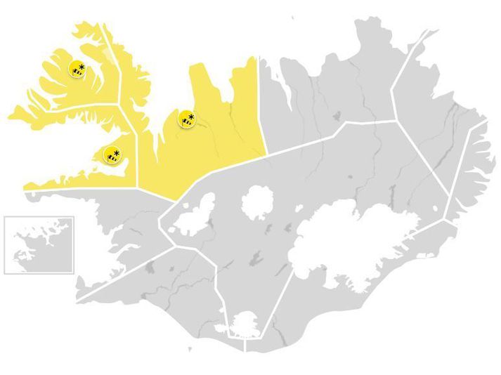 Veðurstofan hefur gefið út gular veðurviðvaranir á Breiðarfjarðarsvæðinu, Vestfjörðum og Ströndum og Norðurlandi vestra.