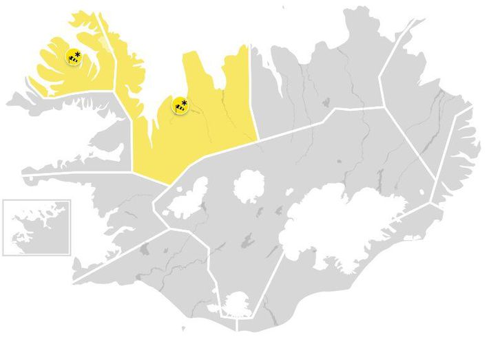 Gular viðvaranir taka gildi á hádegi á morgun og gildi til klukkan sex á fimmtudagsmorgni. 