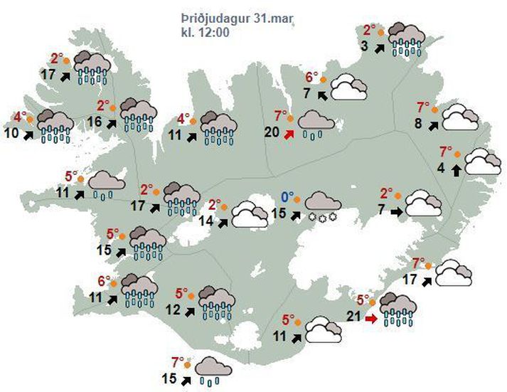 Blautt er það, spákortið fyrir hádegið í dag, eins og það leit út klukkan sjö í morgun.