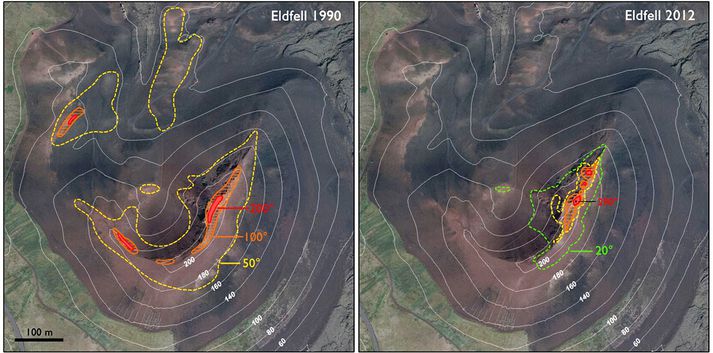 Á loftmyndinni hér að ofan má sjá útbreiðslu jarðhita í Eldfelli árin 1990 og 2012.
