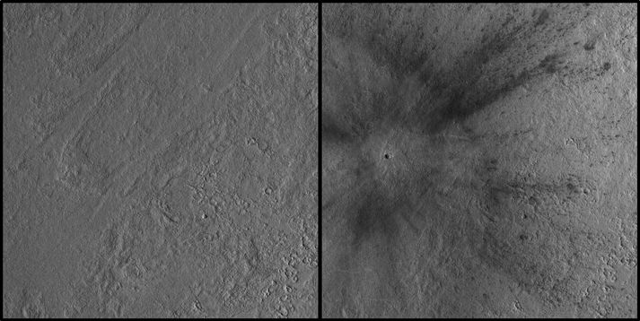 Fyrir og eftir. Svarthvítar myndir MRO af staðnum þar sem loftsteinn skall á yfirborði Mars á Amazonissléttunni 24. desember. Á myndinni til hægri má sjá hvernig efni þeyttist tugi kílómetra frá gígnum við áreksturinn.