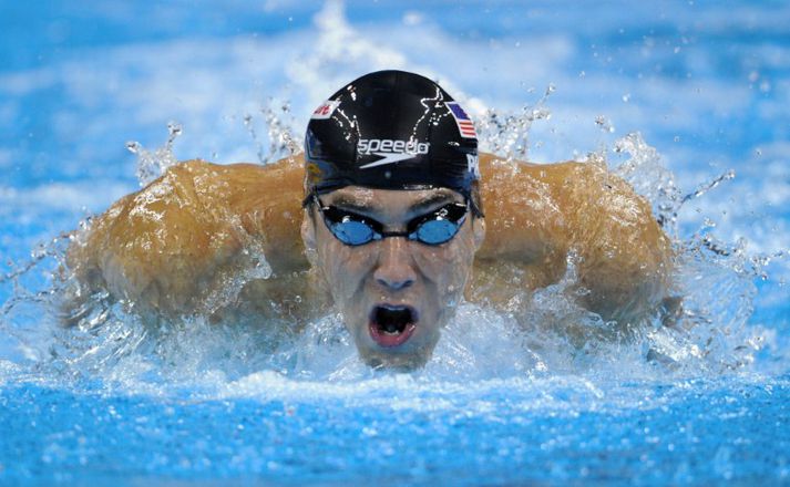 Phelps í flugsundinu í morgun.