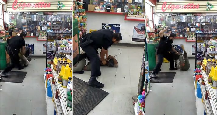 Lögregluþjónninn sló konuna ítrekað með kylfu.