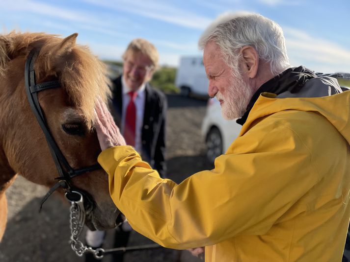 Kári Stefánsson klappar hér hinum 26 vetra Stakki frá Halldórsstöðum.