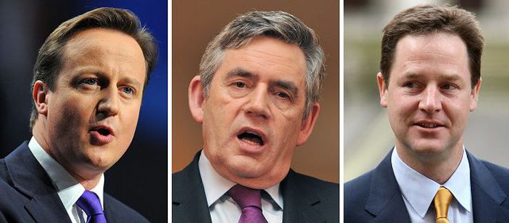 Cameron, Brown og Clegg Flokksleiðtogarnir þrír hittast í þriðja og síðasta sinn eftir viku.nordicphotos/AFP