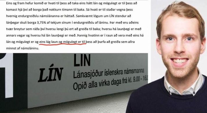 Kristófer Már Maronsson formaður Stúdentaráðs segir textann fræðilega greiningu á hvötum í núverandi námslánakerfi.