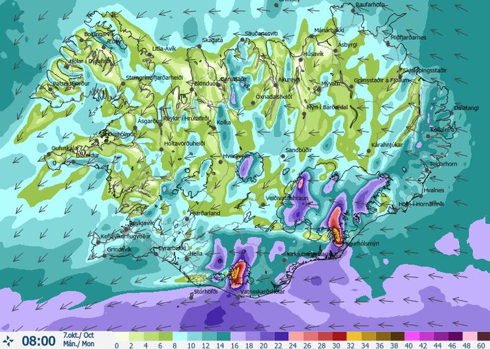 Vindaspá Veðurstofunnar sem gildir fyrir klukkan 8. Rauða svæðið á kortinu sýnir hvar vindstyrkur gæti náð allt að 30 til 40 metrum á sekúndu.