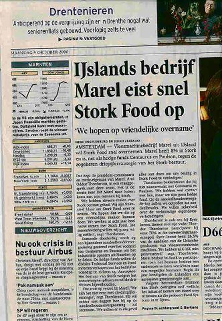 Marel hf. á Stork Food Systems í Het Financieele Dagblad í Hollandi mánudaginn 9. október 2006.