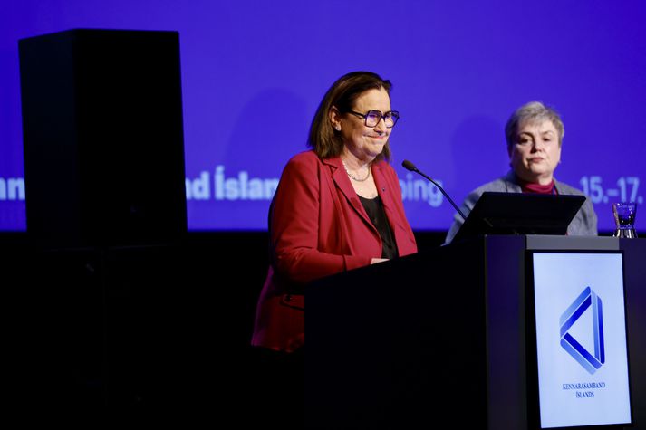 Inga Sæland ávarpaði þing Kennarasambands Íslandsins.