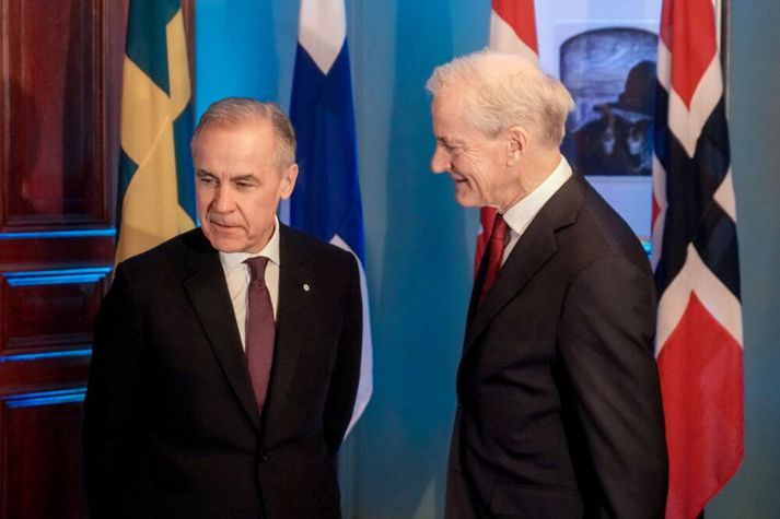 Mark Carney, forsætisráðherra Kanada, (t.v.) með Jonas Gahr Støre, forsætisráðherra Noregs, (t.h.) þegar þeir hittust í mars.