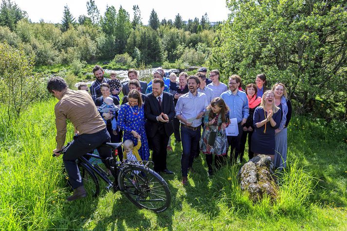 Frá blaðamannafundi sumarið 2014 þegar nýr meirihluti Samfylkingarinnar, VG, Pírata og Bjartrar framtíðar var kynntur.