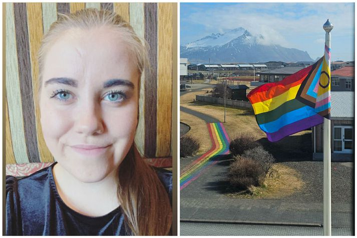 Guðrún Ósk er stolt af sveitarfélaginu sínu þar sem hin­segin fánar blöktu víða við í morgun. Til dæmis við ráðhúsið þar sem inn­gildandi fram­farafáninn sem nær utan um allt LGBTQ+ litrófið var dreginn að húni.