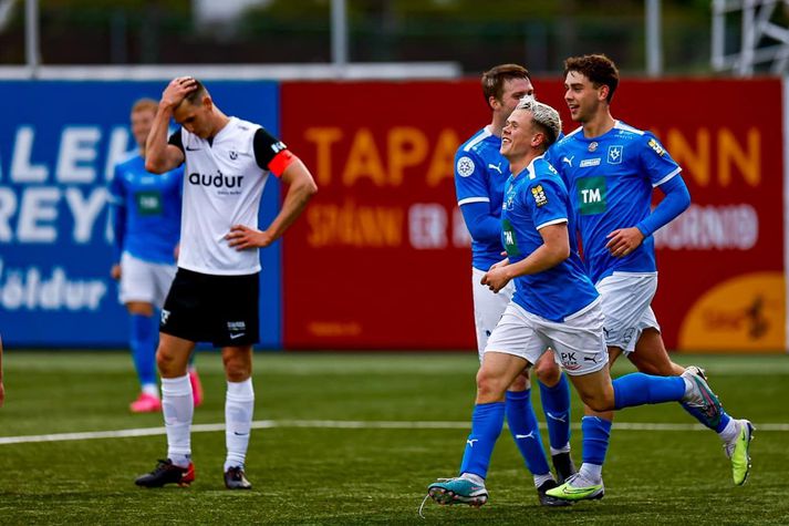 Eggert Aron Guðmundsson fagnar marki í 4-0 sigri Stjörnunnar gegn FH fyrr í sumar.