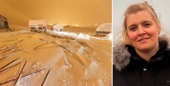 Myndin vinstra megin er tekin í gær þegar þakplötur fuku af hlöðunni í Minnihlið.