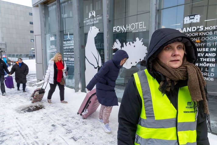 Frá aðgerðum verkfallsvarða Eflingar á Fosshóteli Reykjavík í síðustu viku.