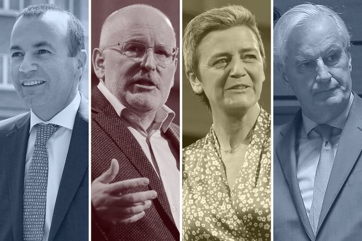 Þau sem þykja líklegust til að taka við valdamesta embættinu í Brussel. Manfred Weber, Frans Timmermans, Margarethe Vestager og Michel Barnier.