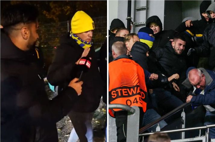 Hér má sjá mann með gula Bröndby-húfu og trefil sem vildi ekkert ræða við blaðamann Ekstra Bladet og virtist ekki skilja dönsku. Stuðningsmenn Rangers reyndu að svindla sér leið inn á leikvanginn. Á vellinum reyndu svo stuðningsmenn Bröndby að brjóta sér leið inn á svæði gestanna.