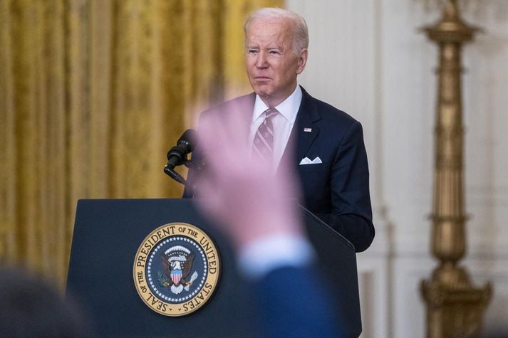 Joe Biden á blaðamannafundi í Hvíta húsinu í morgun.