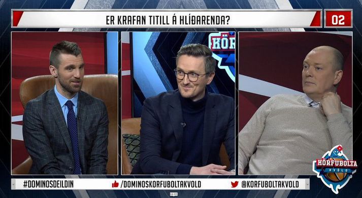 Kjartan Atli Kjartansson og sérfræðingar hans Sævar Sævarsson og Teitur Örlygsson sjást hér ræða um Valsliðið.