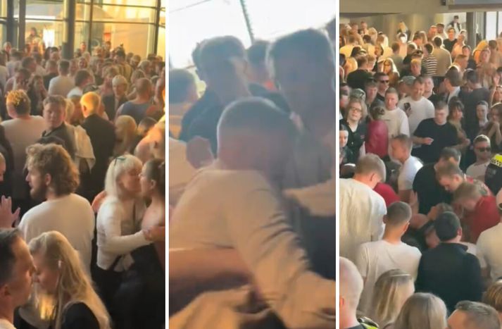 Skjáskot úr myndböndum sem gestir tónleikanna hafa deilt á samfélagsmiðla. Þar má sjá mikinn troðning og jafnvel átök á milli gesta. 