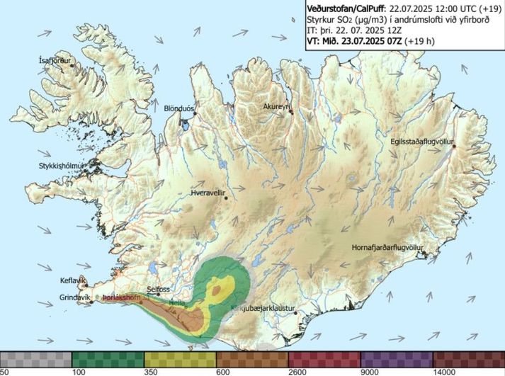 Gasmengunarspá Veðurstofu Íslands. Fylgjast má með stöðu mála á loftgæði.is.