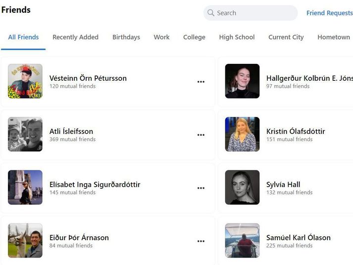 Dæmi um Facebook-vinalista. Fólkið á myndinni tengist fréttinni þó ekki að öðru leyti en því að vera starfsmenn fréttastofu Stöðvar 2, Vísis og Bylgjunnar og Facebook-vinir þess sem fréttina skrifar.