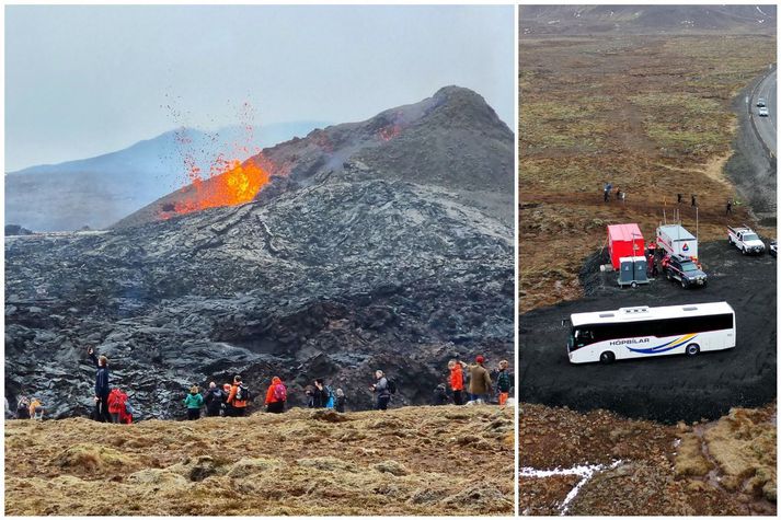 Rútur sem fóru úr Reykjavík að Geldingadölum voru vel nýttar, sérstaklega síðdegis í dag.