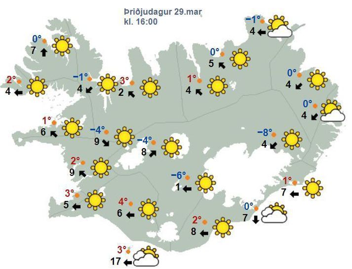 Svona lítur veðurspáin út fyrir þriðjudaginn.