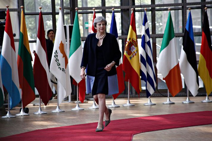 Theresa May, forsætisráðherra Bretlands, í Brussel í dag.