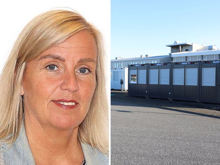 Guðlaug M. Pálsdóttir er skólastjóri FS en á myndinni til hægri má sjá gámana á lóð skólans.