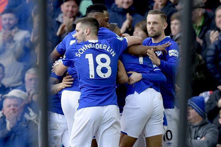 Morgan Schneiderlin og Gylfi Þór Sigurðsson fagna marki með Everton.