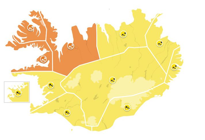 Veðurviðvaranir á hádegi í dag.