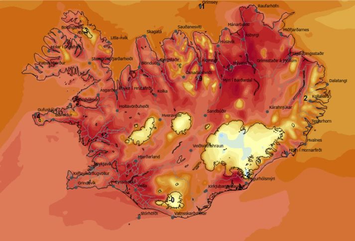 Hitinn á eftir að hækka eftir því sem líður á vikuna, en hér ber að líta hitakortið fyrir seinni part morgundagsins.