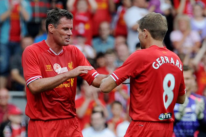 Jamie Carragher og Steven Gerrard, núverandi fyrirliði Liverpool.