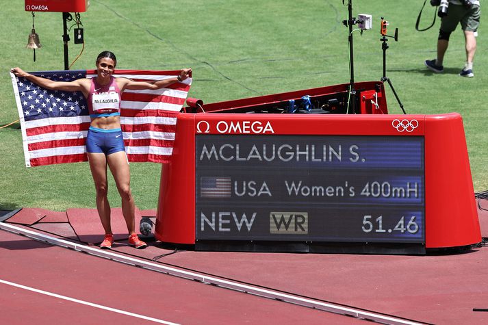 Sydney McLaughlin var að vonum ánægð með heimsmetið sitt í 400 metra grindahlaupi.