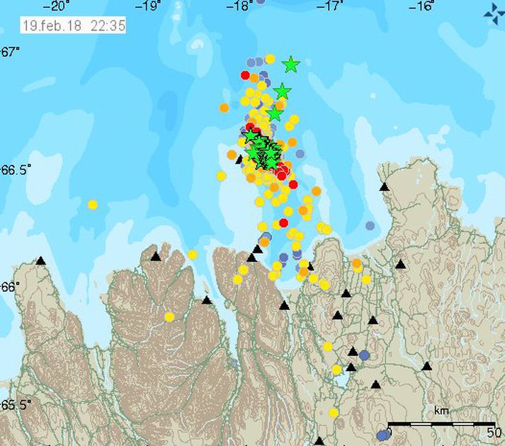 Kort af Tjörnesbeltnu sem sýnir skjálfta seinustu 48 klukkustundirnar.