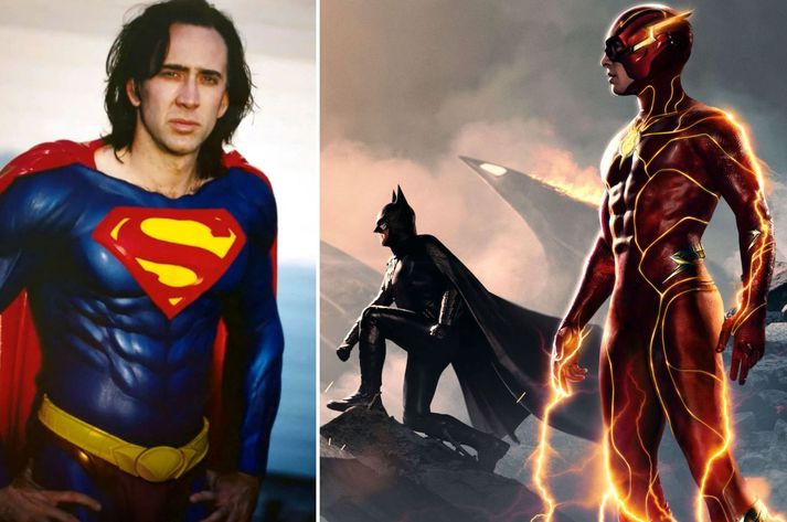 Nicolas Cage var ansi vígalegur í Superman-búningnum. Til hægri má sjá Ezra Miller sem Flash og Michael Keaton sem Leðurblökumanninn.