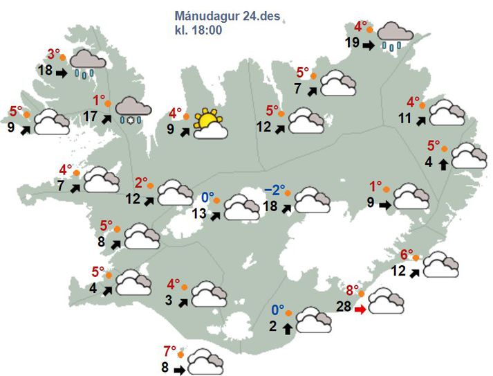 Svona er útlit fyrir að staðan verði klukkan sex á aðfangadag.