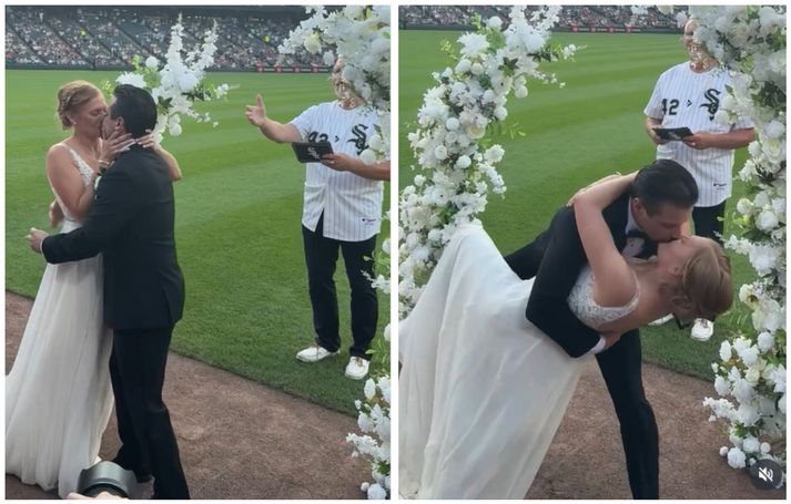 Mark og Kristine Igyarto giftu sig um helgina í miðjum leik hjá bandaríska hafnaboltaliðinu Chicago White Sox.