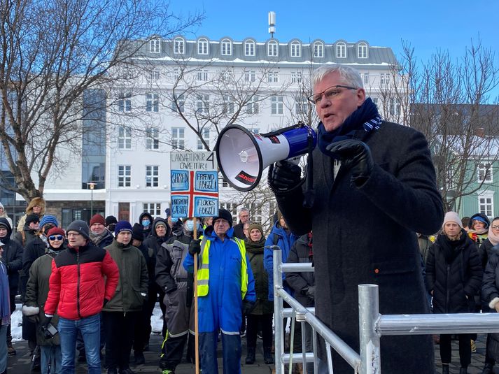 Kristinn Hrafnsson tók síðastur til máls á mótmælafundinum á Austurvelli í dag.