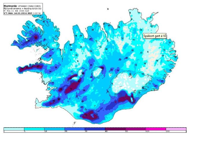 Eftirfarandi mynd sýnir nýjasta spálíkan Harmonie (frá kl.12 á hádegi) en þar er spáð fyrir um uppsafnað afrennsli kl 00:00 á miðnætti aðfaranótt mánudags. Sjá má að spáð er yfir 40 mm á tólf klukkustundum á þeim svæðum sem viðvörunin tekur til.